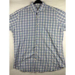 Peter Millar Shirt Mens XL Oxford Cotton Button Up Blue White Plaid‎ Long Sleeve